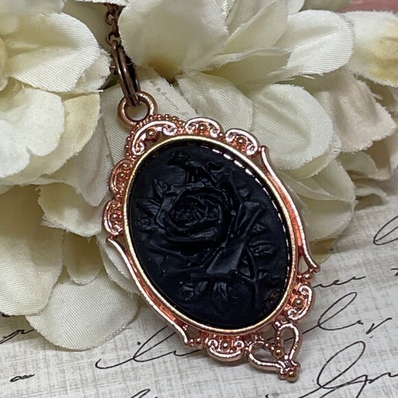 Gothic Steampunk Halloween Rose Gold Necklace Black Rose Cameo Witch Jewelry New - Picture 2 of 16